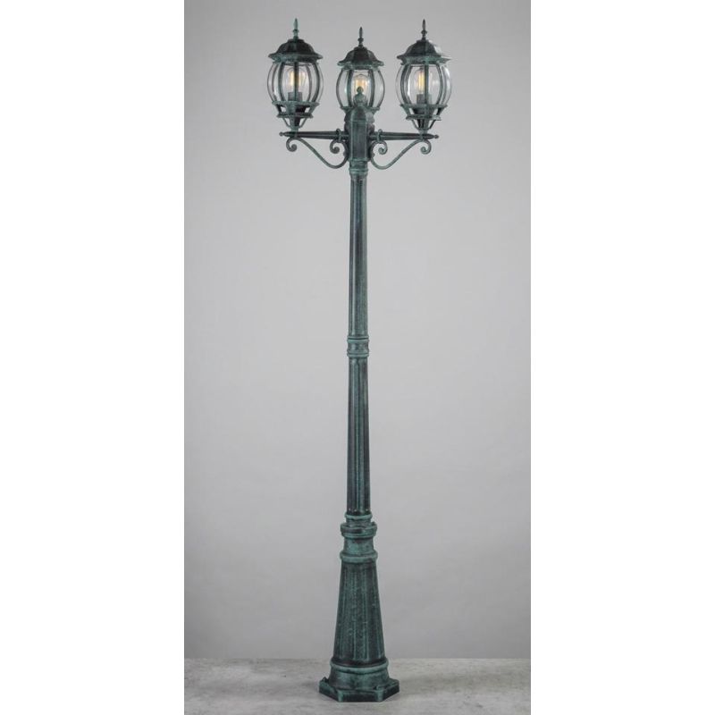 LAMPIONE DA GIARDINO 3 LUCI H210 CM CLASSICO IN ALLUMINIO NERO/VERDE CON VETRI TRASPARENTI LAMPADINA ATTACCO E27