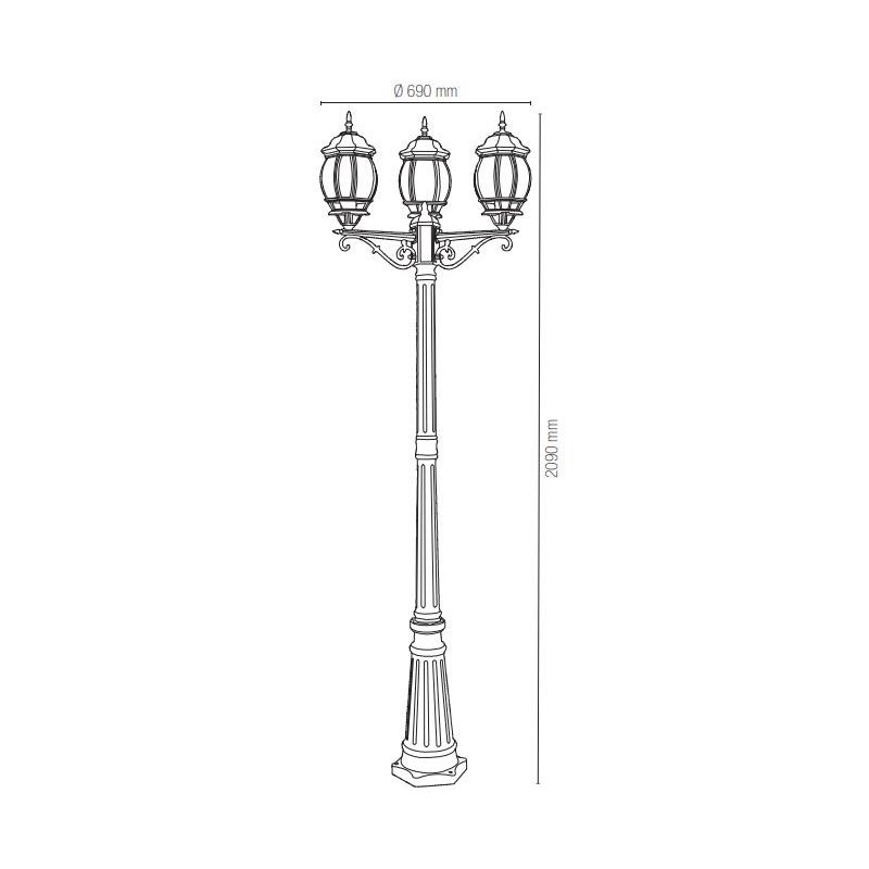 LAMPIONE DA GIARDINO 3 LUCI H210 CM CLASSICO IN ALLUMINIO NERO/VERDE CON VETRI TRASPARENTI LAMPADINA ATTACCO E27