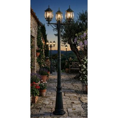 LAMPIONE DA GIARDINO 3 LUCI H210 CM CLASSICO IN ALLUMINIO NERO/VERDE CON VETRI TRASPARENTI LAMPADINA ATTACCO E27