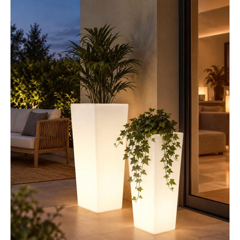 VASO LUMINOSO PER ARREDO GIARDINO SQUADRATO IN 2 MISURE IP65 COLORE BIANCO LAMPADINA ATTACCO E27 IP44 MODERNO