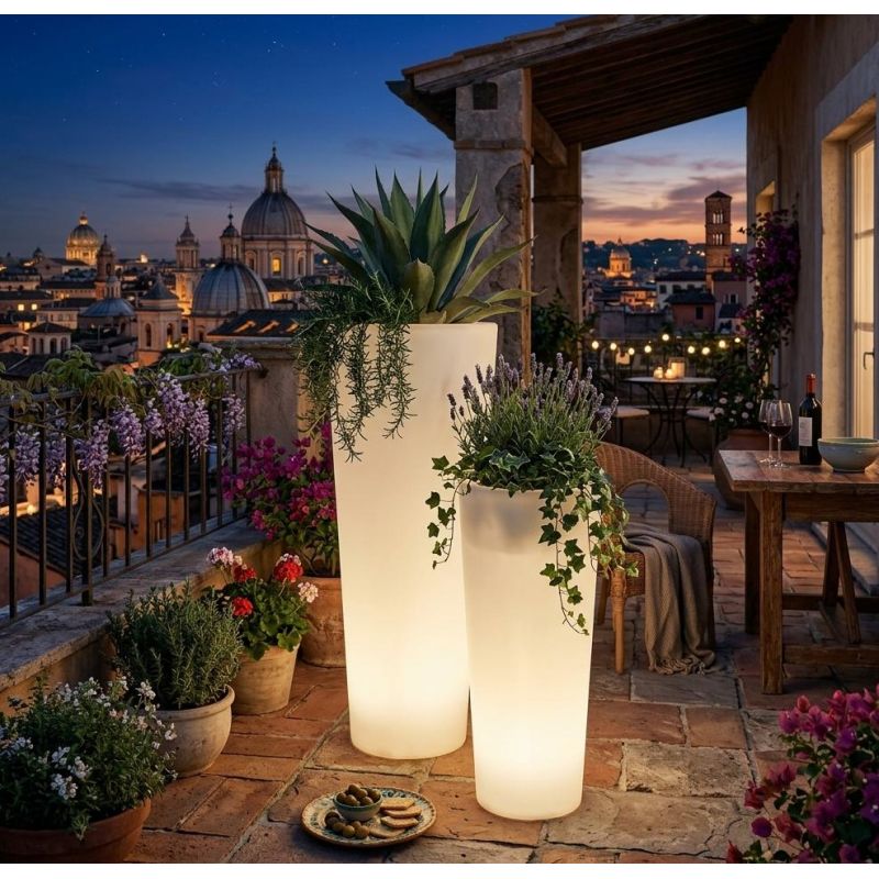 VASO LUMINOSO ROTONDO PER ARREDO GIARDINO IN 2 MISURE IP65 COLORE BIANCO LAMPADINA ATTACCO E27 IP44 MODERNO