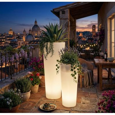 VASO LUMINOSO ROTONDO PER ARREDO GIARDINO IN 2 MISURE IP65 COLORE BIANCO LAMPADINA ATTACCO E27 IP44 MODERNO