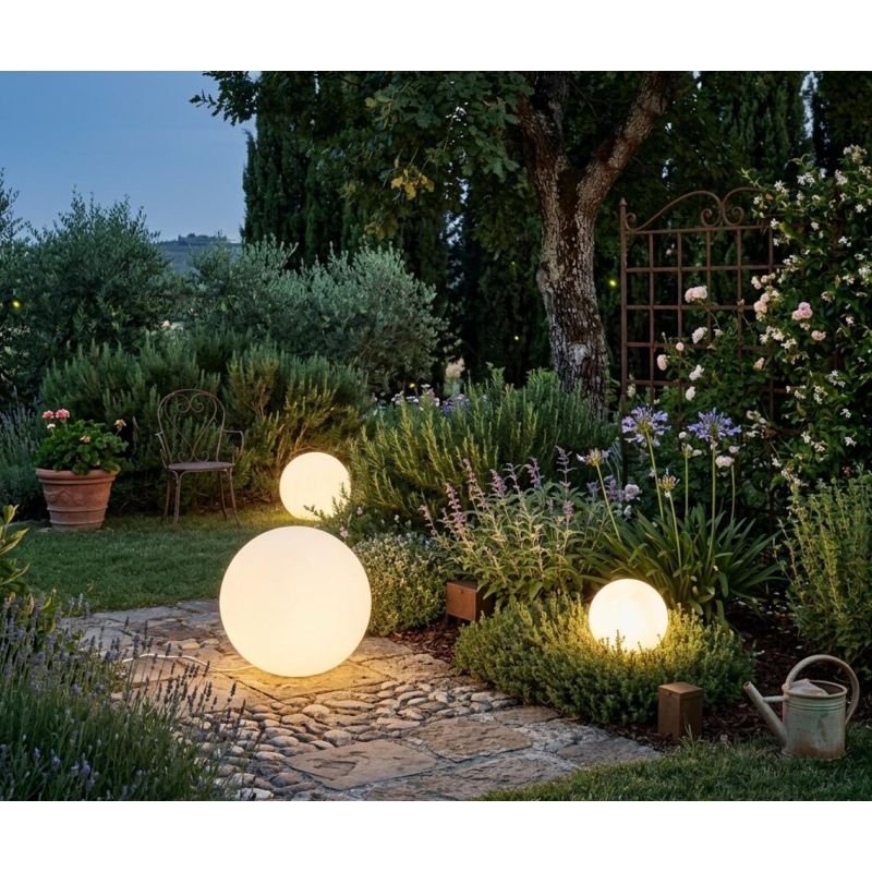 SFERA LUMINOSA BIANCA DA GIARDINO IN 3 MISURE IP65 LAMPADINA ATTACCO E27 DESIGN MODERNO