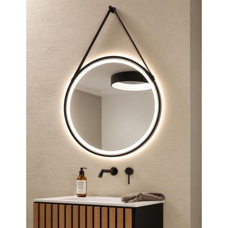 LAMPADA SPECCHIO NERA D70 CM LED 14,5W LUCE DIMMERABILE TOUCH IP44 CCT 3000K-4000K-6500K CON CINTURA ECOPELLE