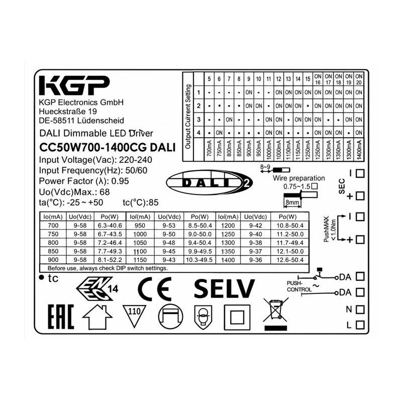 026.307 DRIVER DIMMERABILE DALI2/PUSH/1-10V 40.6W 700mA/52.2W 900mA/50.4W 1050mA/50.4W 1400mA BELFIORE 9010