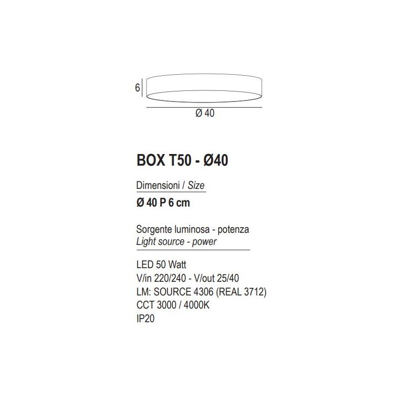 BOX PLAFONIERA ROTONDA D40 CM LED 50W LUCE 3000K-4000K IN METALLO 26 COLORI MODENA