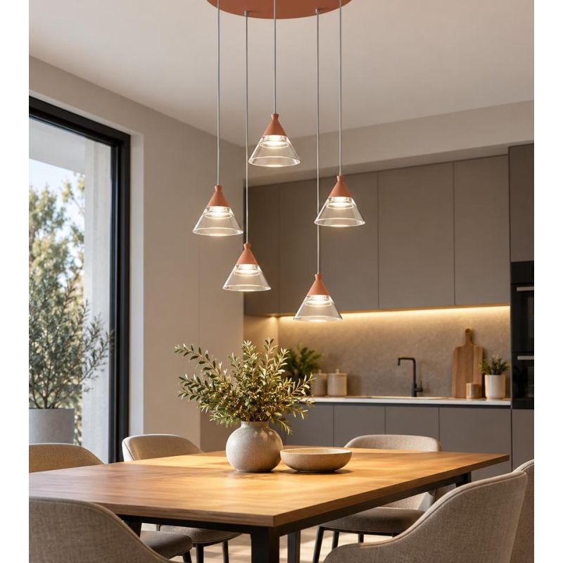 CONY SOSPENSIONE 5 LUCI ROTONDA LED 35W CCT 3000K-4000K IN METALLO 22 COLORI CON DIFFUSORI TRASPARENTI