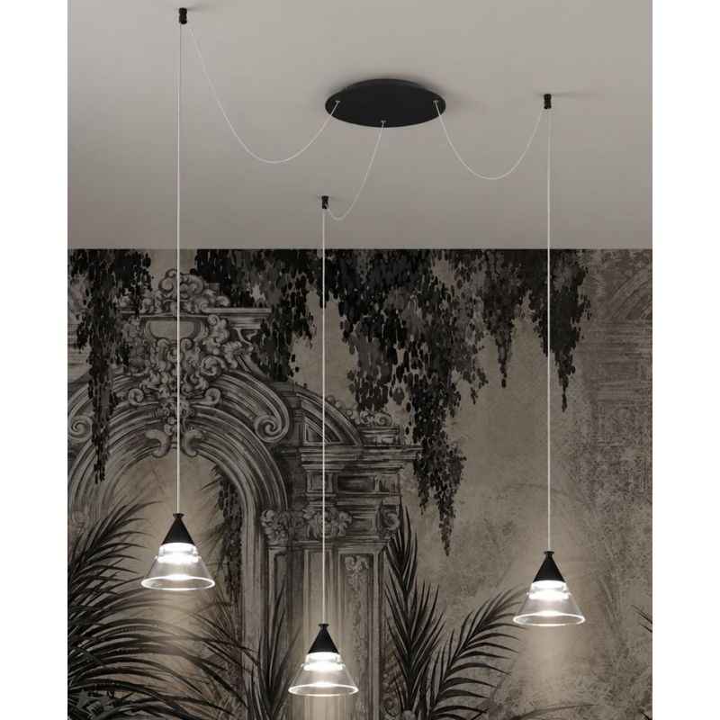 CONY SOSPENSIONE 3 LUCI DECENTRATA LED 21W CCT 3000K-4000K IN METALLO 22 COLORI CON DIFFUSORI TRASPARENTI