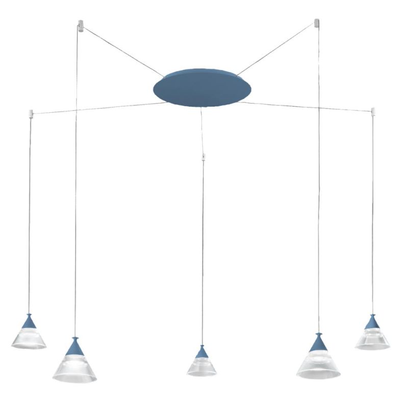 CONY SOSPENSIONE 5 LUCI DECENTRATA LED 35W CCT 3000K-4000K IN METALLO 22 COLORI CON DIFFUSORI TRASPARENTI