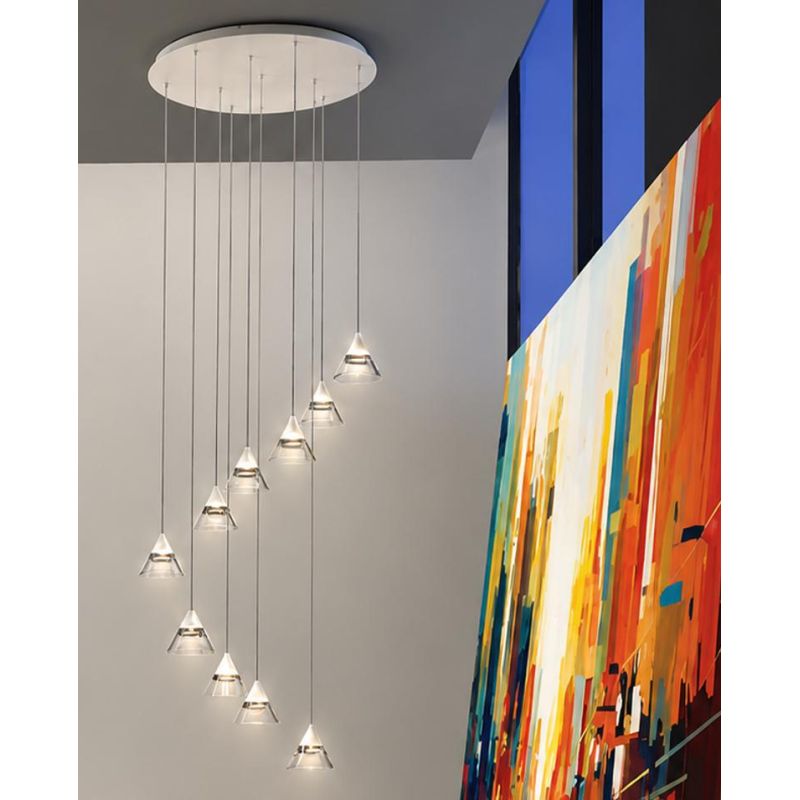 CONY SOSPENSIONE 10 LUCI ROTONDA LED 70W CCT 3000K-4000K IN METALLO 22 COLORI CON DIFFUSORI TRASPARENTI