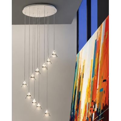 CONY SOSPENSIONE 10 LUCI ROTONDA LED 70W CCT 3000K-4000K IN METALLO 22 COLORI CON DIFFUSORI TRASPARENTI