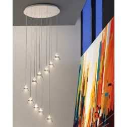 CONY SOSPENSIONE 10 LUCI ROTONDA LED 70W CCT 3000K-4000K IN METALLO 22 COLORI CON DIFFUSORI TRASPARENTI