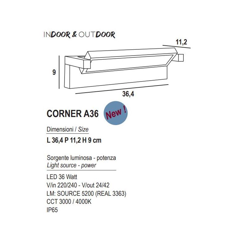 CORNER APPLIQUE ORIENTABILE DA ESTERNI IP65 LED 36W LUCE CCT 3000K-4000K IN ALLUMINIO BIANCO,RUGGINE O NERO