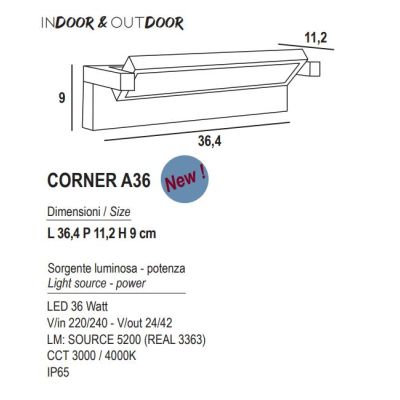CORNER APPLIQUE ORIENTABILE DA ESTERNI IP65 LED 36W LUCE CCT 3000K-4000K IN ALLUMINIO BIANCO,RUGGINE O NERO