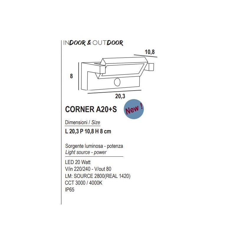 CORNER APPLIQUE CON SENSORE DI MOVIMENTO DA ESTERNI IP65 ANTRACITE LED 20W LUCE CCT 3000K-4000K MODERNO