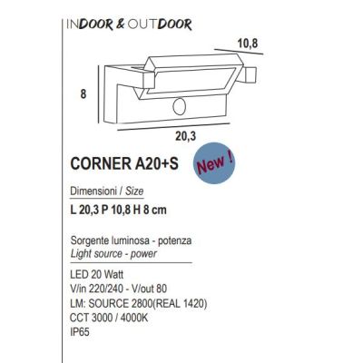 CORNER APPLIQUE CON SENSORE DI MOVIMENTO DA ESTERNI IP65 ANTRACITE LED 20W LUCE CCT 3000K-4000K MODERNO