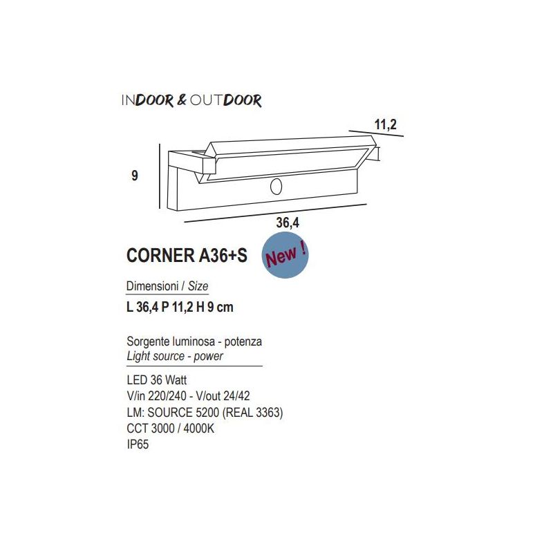 CORNER APPLIQUE CON SENSORE DI MOVIMENTO IP65 ANTRACITE LED 36W LUCE CCT 3000K-4000K DA ESTERNO MODERNA