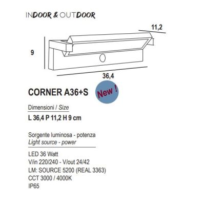 CORNER APPLIQUE CON SENSORE DI MOVIMENTO IP65 ANTRACITE LED 36W LUCE CCT 3000K-4000K DA ESTERNO MODERNA