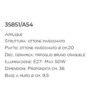 APPLIQUE RUSTICA IN OTTONE INVECCHIATO CON PARTICOLARI IN CERAMICA DELLA IMAS IMAS - Cristalensi Shop Online