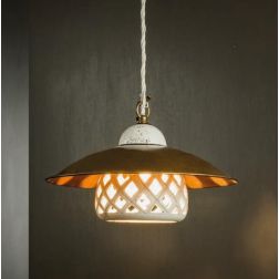 SOSPENSIONE VINTAGE CON CAMPANA IN CERAMICA E PIATTO IN OTTONE MADE IN ITALY IMAS - Cristalensi Shop Online