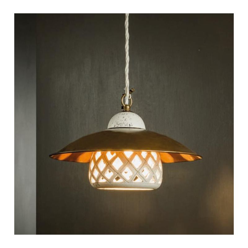 SOSPENSIONE VINTAGE CON CAMPANA IN CERAMICA E PIATTO IN OTTONE MADE IN ITALY IMAS - Cristalensi Shop Online