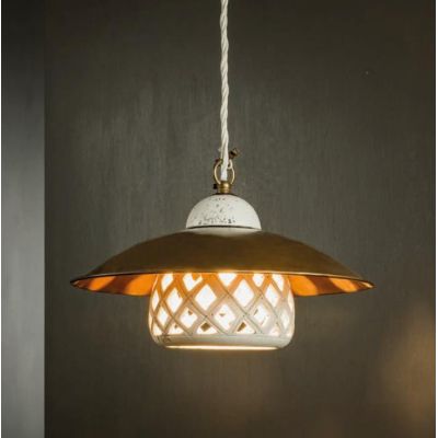 SOSPENSIONE VINTAGE CON CAMPANA IN CERAMICA E PIATTO IN OTTONE MADE IN ITALY IMAS - Cristalensi Shop Online