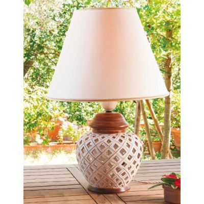 LAMPADA DA TAVOLO IN TERRACOTTA TRAFORATA E LEGNO CON PARALUME MADE IN ITALY IMAS - Cristalensi Shop Online
