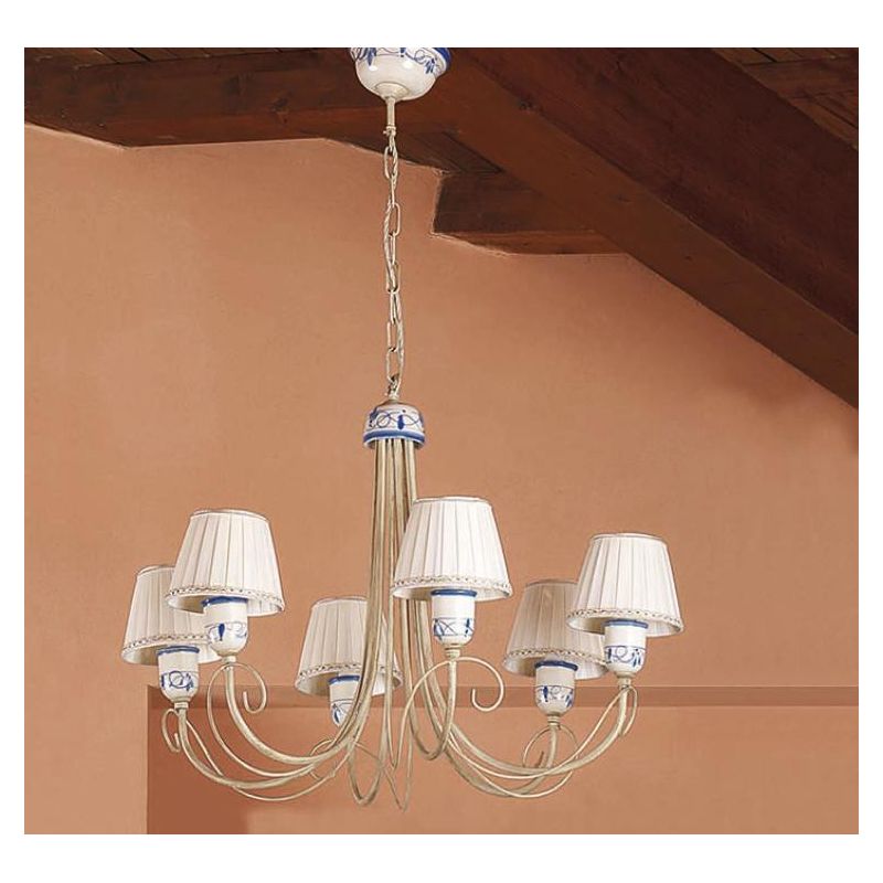 LAMPADARIO RUSTICO A 6 LUCI AVORIO CON DETTAGLI IN CERAMICA CON PARALUMI PRODOTTO IN ITALIA IMAS - Cristalensi Shop Online