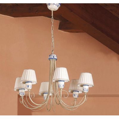 LAMPADARIO RUSTICO A 6 LUCI AVORIO CON DETTAGLI IN CERAMICA CON PARALUMI PRODOTTO IN ITALIA IMAS - Cristalensi Shop Online