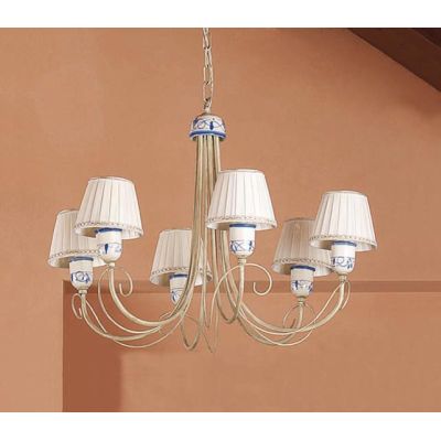 LAMPADARIO RUSTICO A 6 LUCI AVORIO CON DETTAGLI IN CERAMICA CON PARALUMI PRODOTTO IN ITALIA IMAS - Cristalensi Shop Online