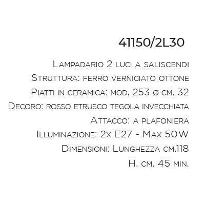 LAMPADARIO SALISCENDI 2 LUCI IN FERRO BATTUTO CON PIATTI IN TERRACOTTA MADE IN ITALY DELLA IMAS IMAS - Cristalensi Shop Online