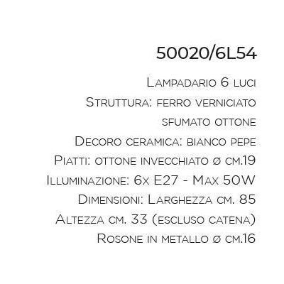 LAMPADARIO 6 LUCI IN FERRO BATTUTO CON PIATTI IN OTTONE E CERAMICA MADE IN ITALY DELLA IMAS IMAS - Cristalensi Shop Online