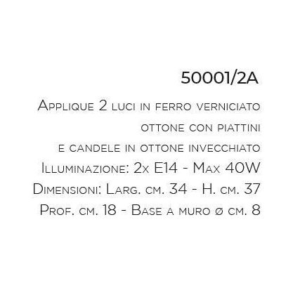 LAMPADA DA PARETE CLASSICA 2 LUCI IN FERRO BATTUTO E OTTONE MADE IN ITALY DELLA IMAS IMAS - Cristalensi Shop Online