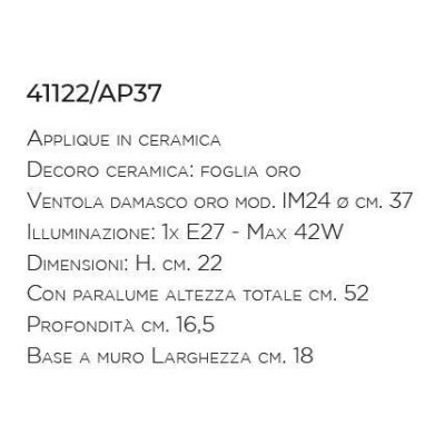 LAMPADA DA PARETE CON BASE CAPITELLO IN TERRACOTTA FOGLIA ORO CON VENTOLA DAMASCO MADE IN ITALY IMAS - Cristalensi Shop Online