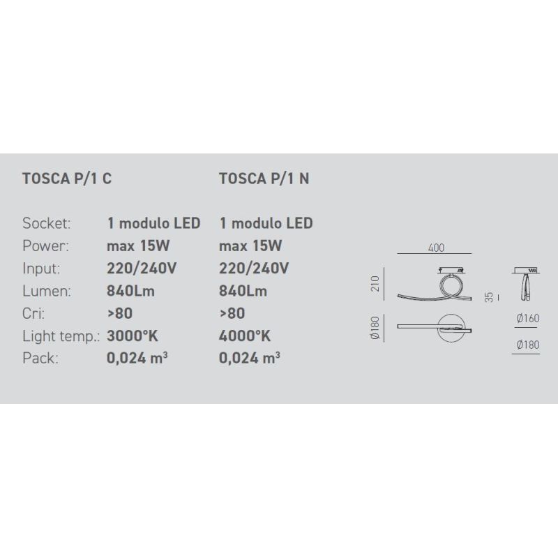 TOSCA P1 APPLIQUE STRAVAGANTE E MODERNA LED 15W LUCE 3000K O 4000K ECONOMICA GEA LUCE GEA LUCE - Cristalensi Shop Online