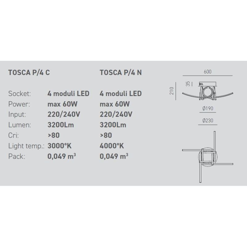 TOSCA P4 PLAFONIERA MODERNA ORIGINALE LED 60W LUCE 3000K O 4000K ECONOMICA GEA LUCE GEA LUCE - Cristalensi Shop Online