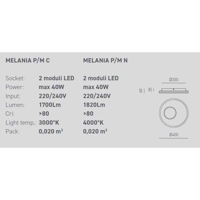 MELANIA PM PLAFONIERA MODERNA D40 LED 40W LUCE 3000K O 4000K BIANCA DELLA GEA LUCE GEA LUCE - Cristalensi Shop Online