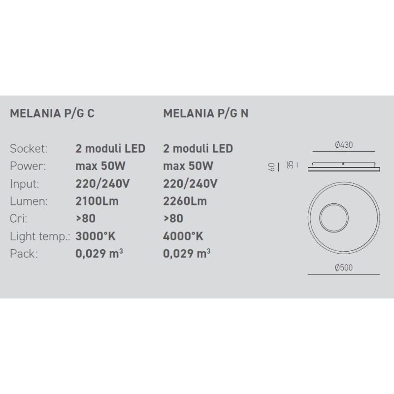 MELANIA PG PLAFONIERA MODERNA D50 LED 50W LUCE 3000K O 4000K BIANCA DELLA GEA LUCE GEA LUCE - Cristalensi Shop Online