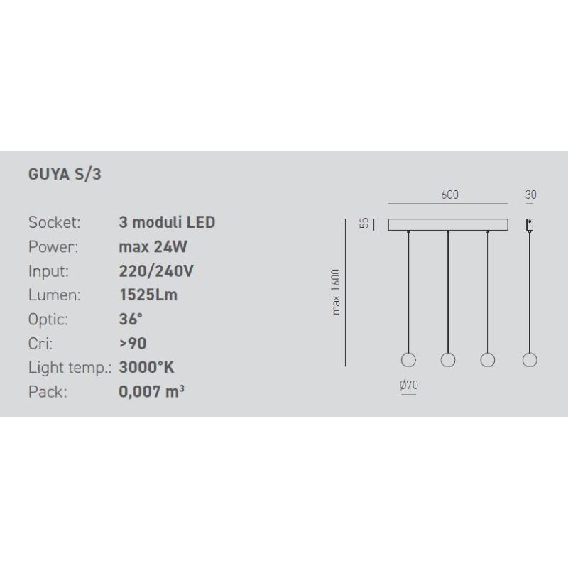 GUYA S3 SOSPENSIONE A BINARIO 3 LUCI LED 24W LUCE 3000K BIANCA O NERA MODERNA DELLA GEA LUCE GEA LUCE - Cristalensi Shop Online