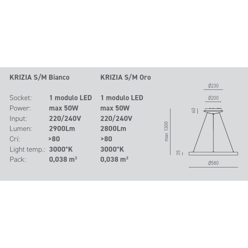 KRIZIA SM SOSPENSIONE MODERNA CON ANELLO D58 LED 50W LUCE DIMMERABILE BIANCO O ORO DELLA GEA LUCE GEA LUCE - Cristalensi Shop On