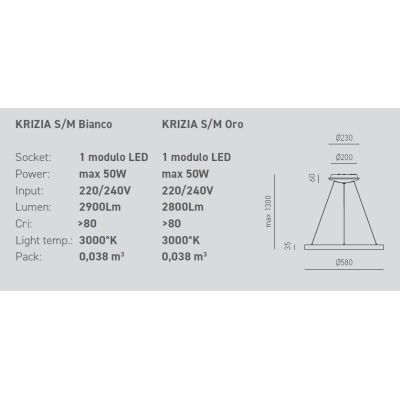 KRIZIA SM SOSPENSIONE MODERNA CON ANELLO D58 LED 50W LUCE DIMMERABILE BIANCO O ORO DELLA GEA LUCE GEA LUCE - Cristalensi Shop On