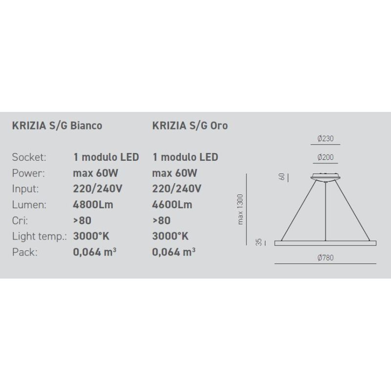 KRIZIA SG SOSPENSIONE MODERNA GRANDE CON ANELLO D78 LED 60W LUCE DIMMERABILE BIANCO O ORO DELLA GEA GEA LUCE - Cristalensi Shop 