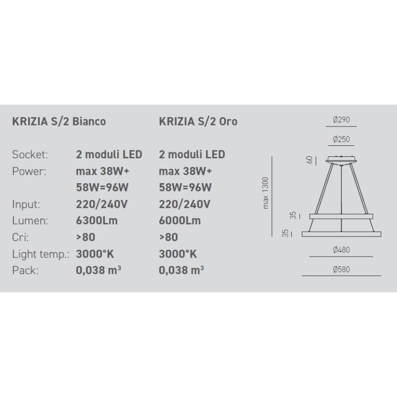 KRIZIA S2 SOSPENSIONE MODERNA CON DOPPIO ANELLO LED 88W LUCE DIMMERABILE BIANCO O ORO DELLA GEA LUCE GEA LUCE - Cristalensi Shop