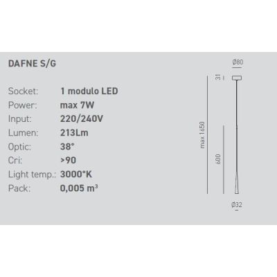 DAFNE SG SOSPENSIONE SINGOLA MODERNA METALLO BIANCO,ORO O NERO LED 7W DELLA GEA LUCE GEA LUCE - Cristalensi Shop Online