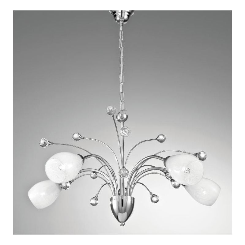 SIRIO LAMPADARIO 5 LUCI CROMATO CON DIFFUSORI IN VETRO SATINATO E DETTAGLI IN CRISTALLO CRISTALENSI LUX - Cristalensi Shop Onlin