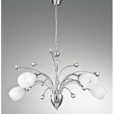 SIRIO LAMPADARIO 5 LUCI CROMATO CON DIFFUSORI IN VETRO SATINATO E DETTAGLI IN CRISTALLO CRISTALENSI LUX - Cristalensi Shop Onlin
