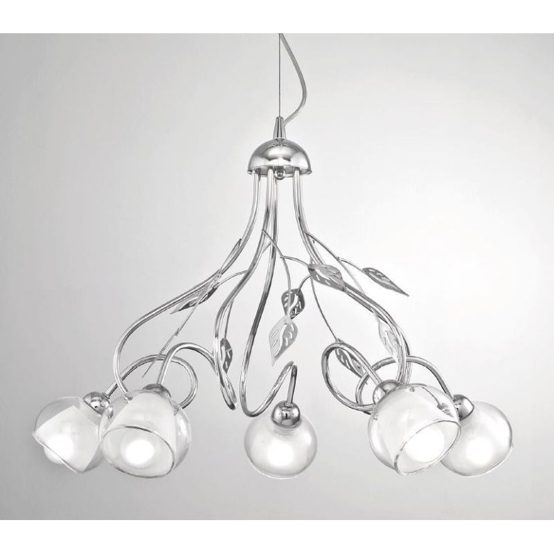 GINEVRA LAMPADARIO CLASSICO 5 LUCI METALLO CROMO CON DIFFUSORI IN VETRO CRISTALENSI LUX - Cristalensi Shop Online