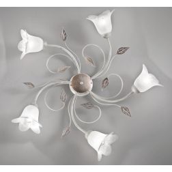 GRETA PL5 PLAFONIERA 5 LUCI METALLO BIANCO ANTICO CON DIFFUSORI FLOREALI IN VETRO ECONOMICA CRISTALENSI LUX - Cristalensi Shop O