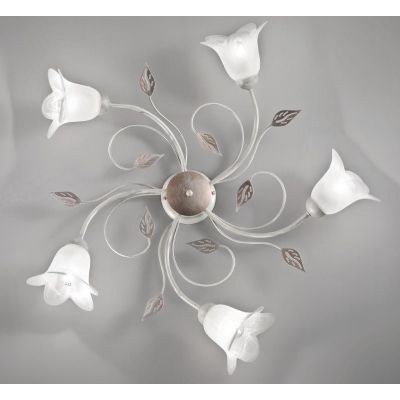 GRETA PL5 PLAFONIERA 5 LUCI METALLO BIANCO ANTICO CON DIFFUSORI FLOREALI IN VETRO ECONOMICA CRISTALENSI LUX - Cristalensi Shop O