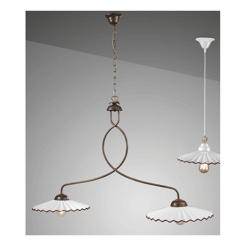 LIBERTY SOSPENSIONE 2 LUCI IN METALLO RUGGINE CON PIATTI PLISSE IN CERAMICA BIANCA CRISTALENSI LUX - Cristalensi Shop Online